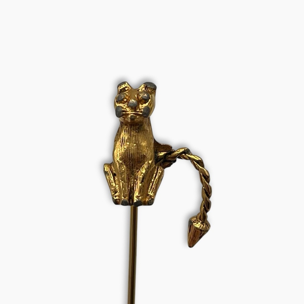 Vintage Gold Tone Cat Kitten Figural Stick Pin Articulated Moving Tail